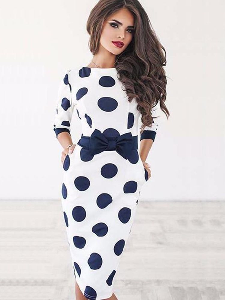 Kvinders Knælængde Bowknot Polka Dot Bodycon Kjole