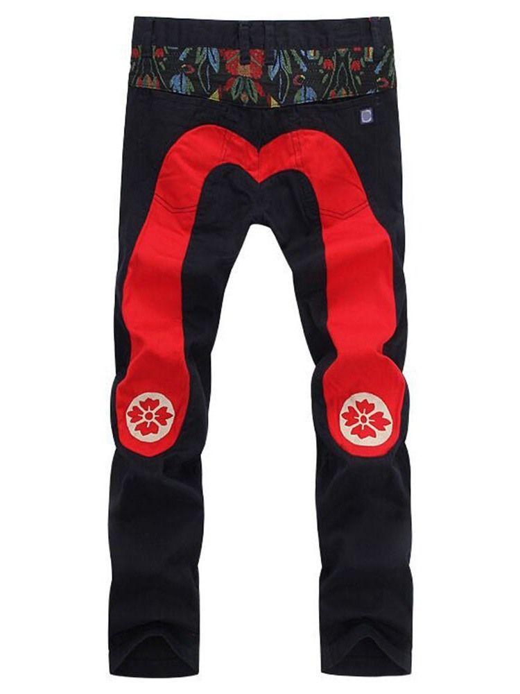 Straight Patchwork Floral Mid Waist European Men's Casual Pants