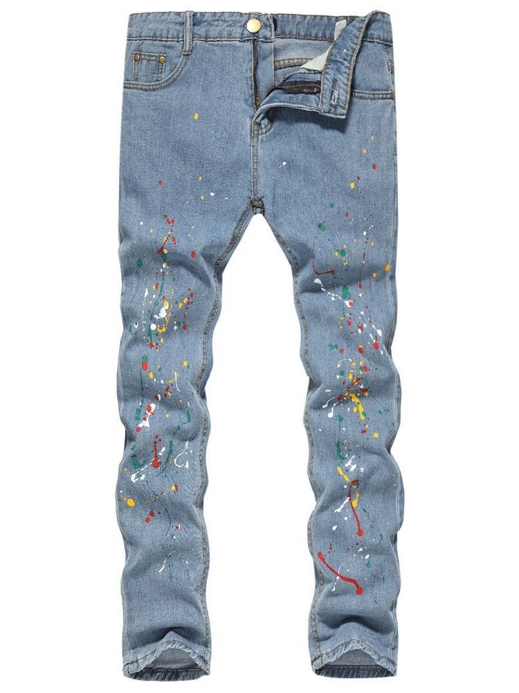 Mænds Maling Splatterer Farveblok Lige Lynlås Europæiske Jeans